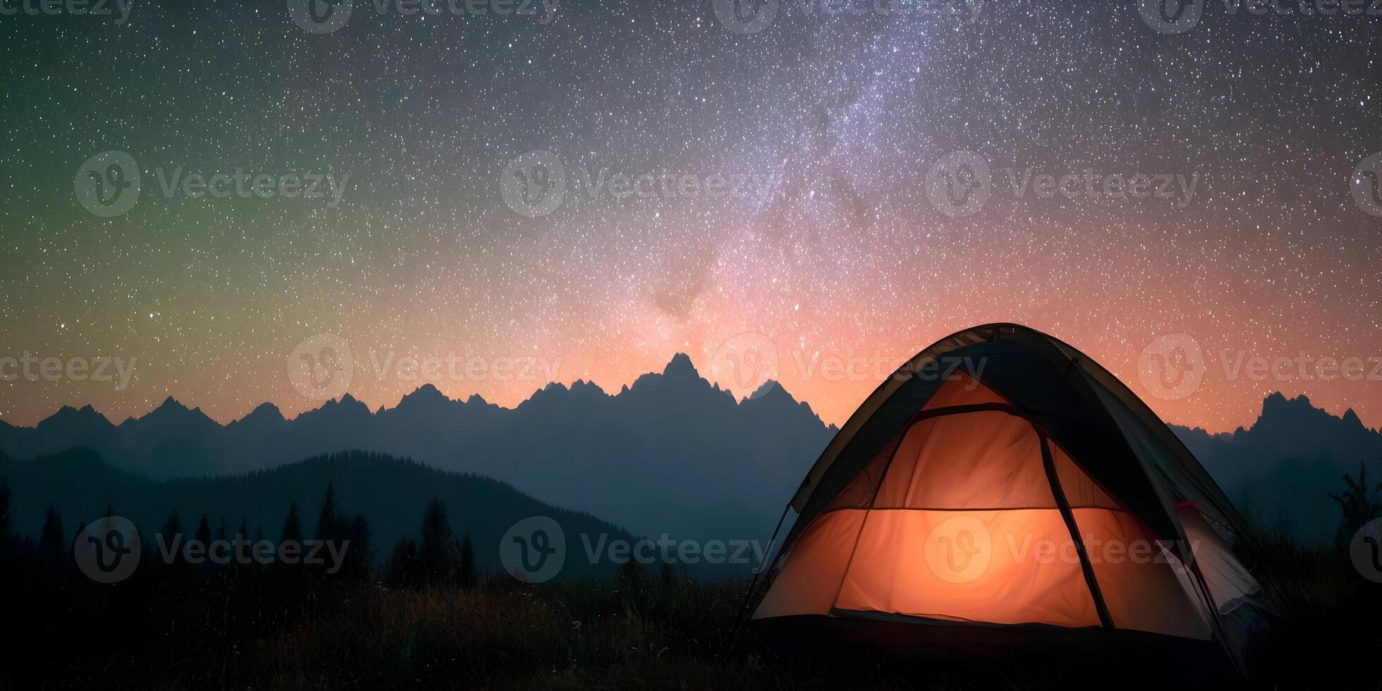 Illuminated Camping Tent Night Mountain Starry Sky Landscape photo