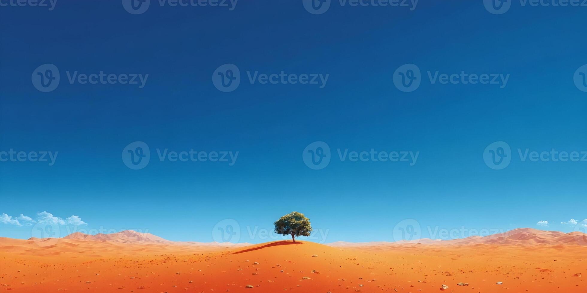 Single Tree on Orange Desert Hill under Blue Sky Landscape photo