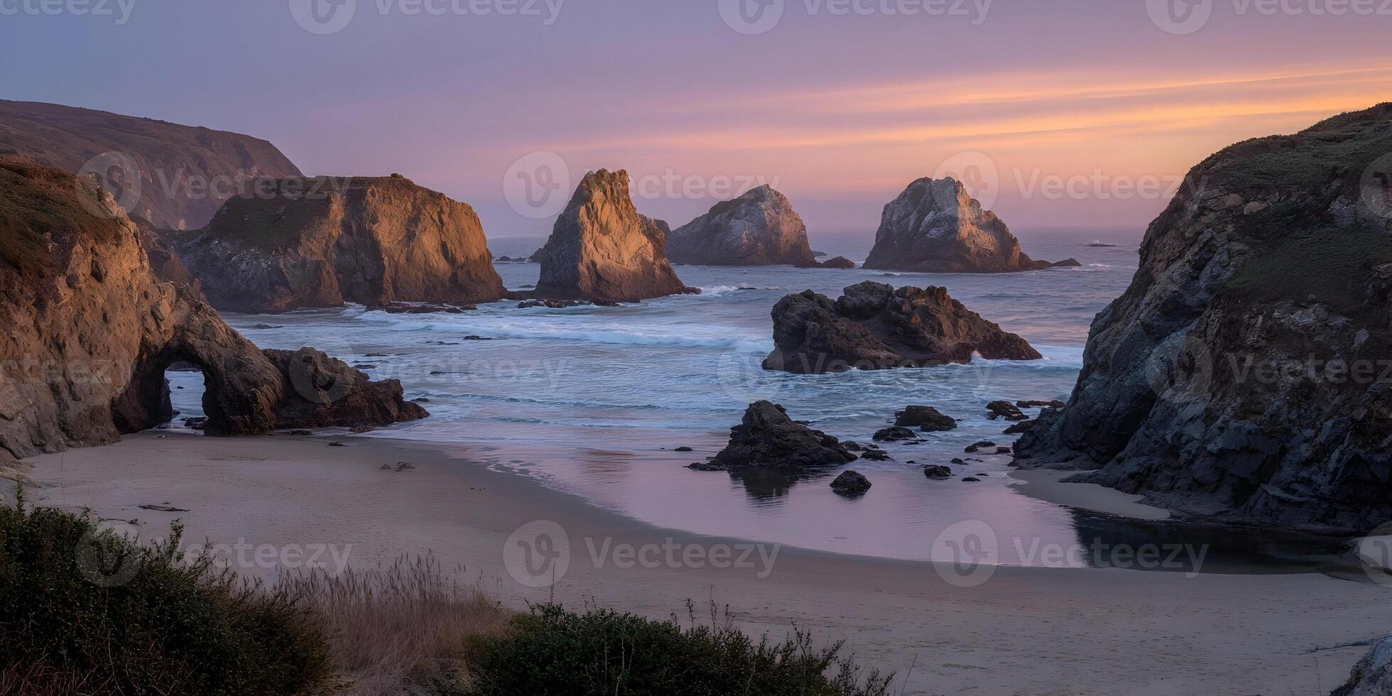 Sunset Beach Scene Dramatic Cliffs Ocean Rocks California Coastline photo