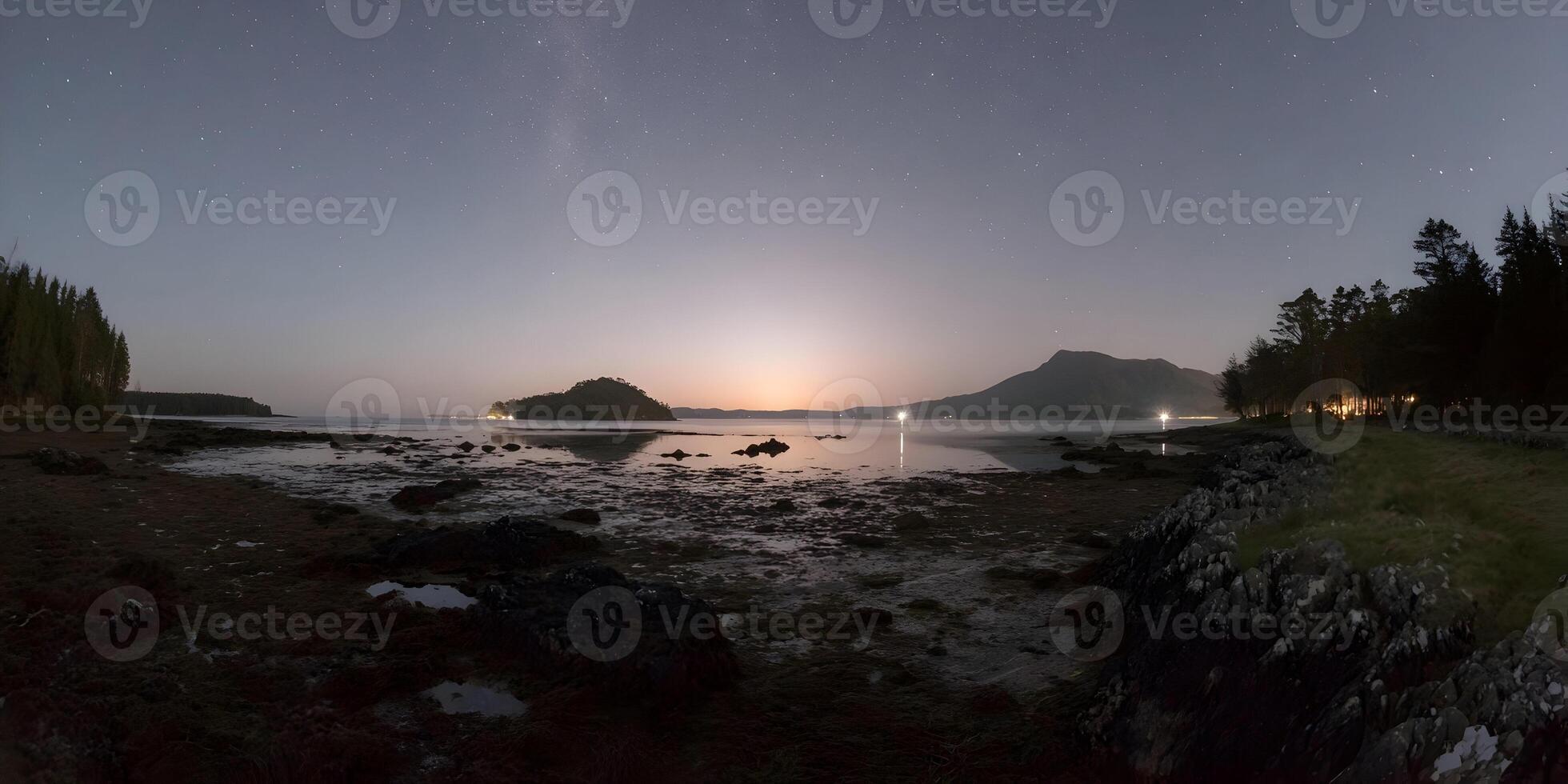 Night Sky Seascape Calm Ocean Starry Sky Island Silhouette Dark Coastline Moonlight Rocks photo