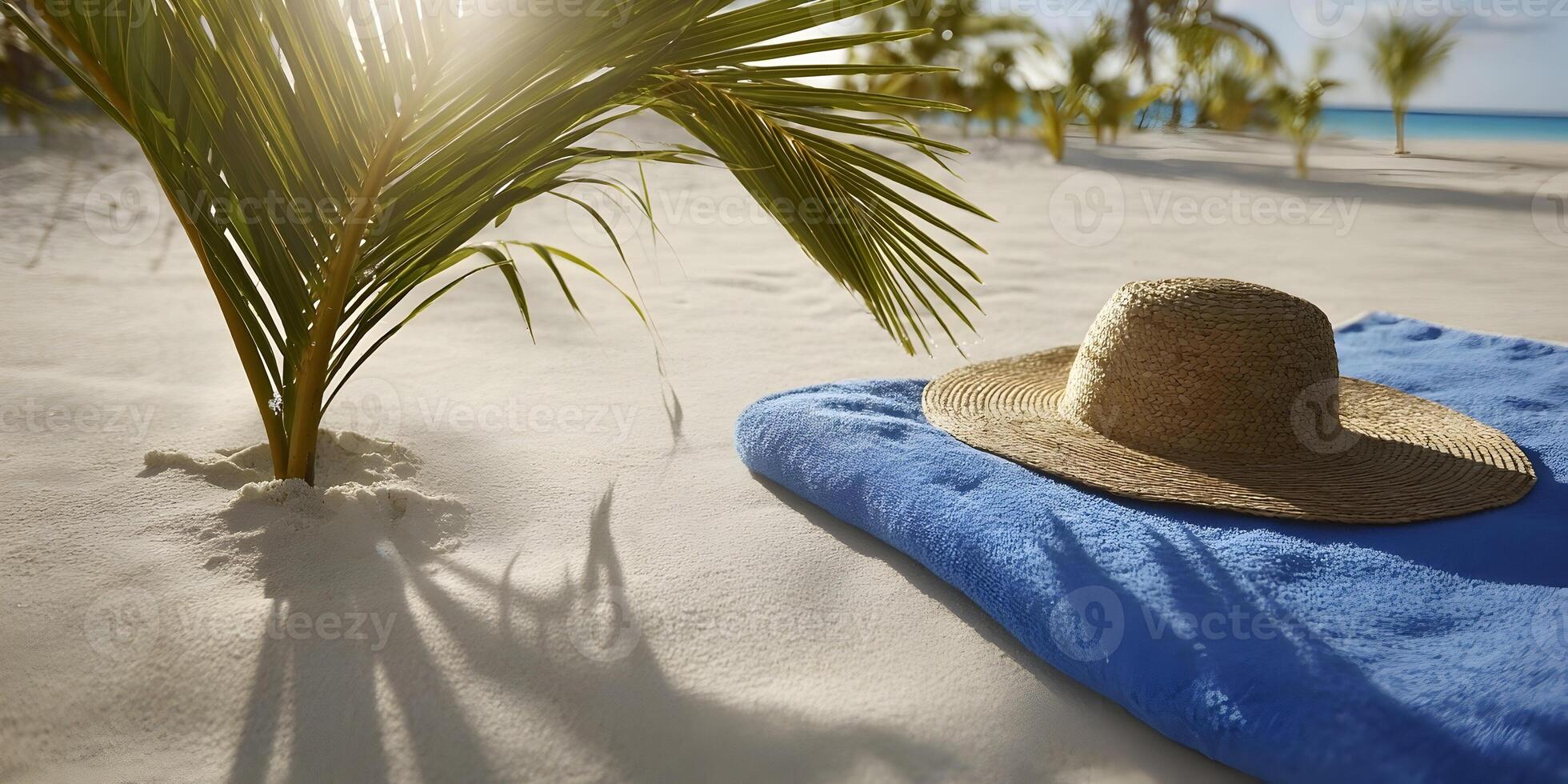 Tropical Beach Scene with Straw Hat and Towel on Sand near Palm Tree photo