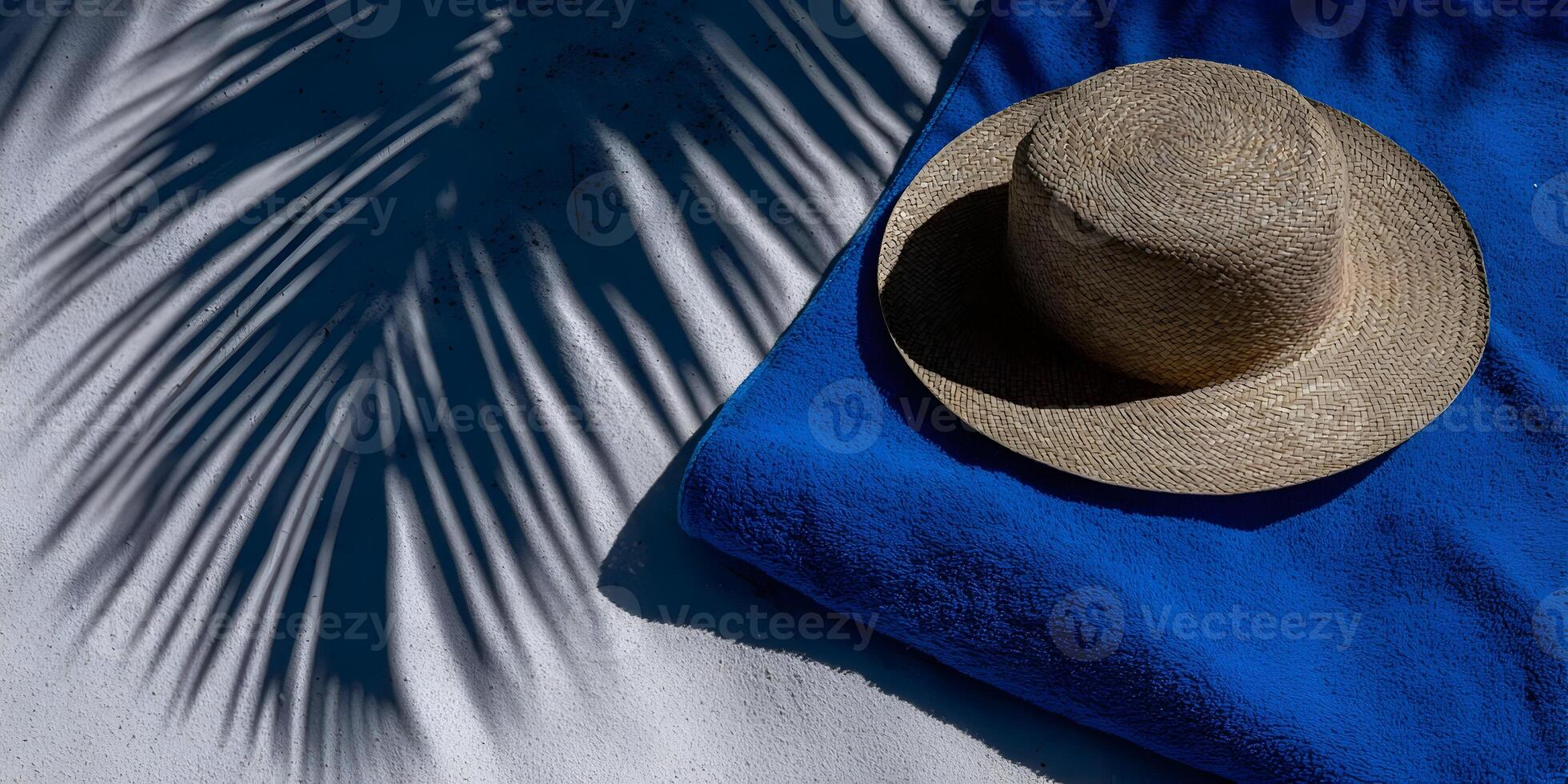 Summer Beach Scene Straw Hat on Blue Towel Palm Tree Shadow photo