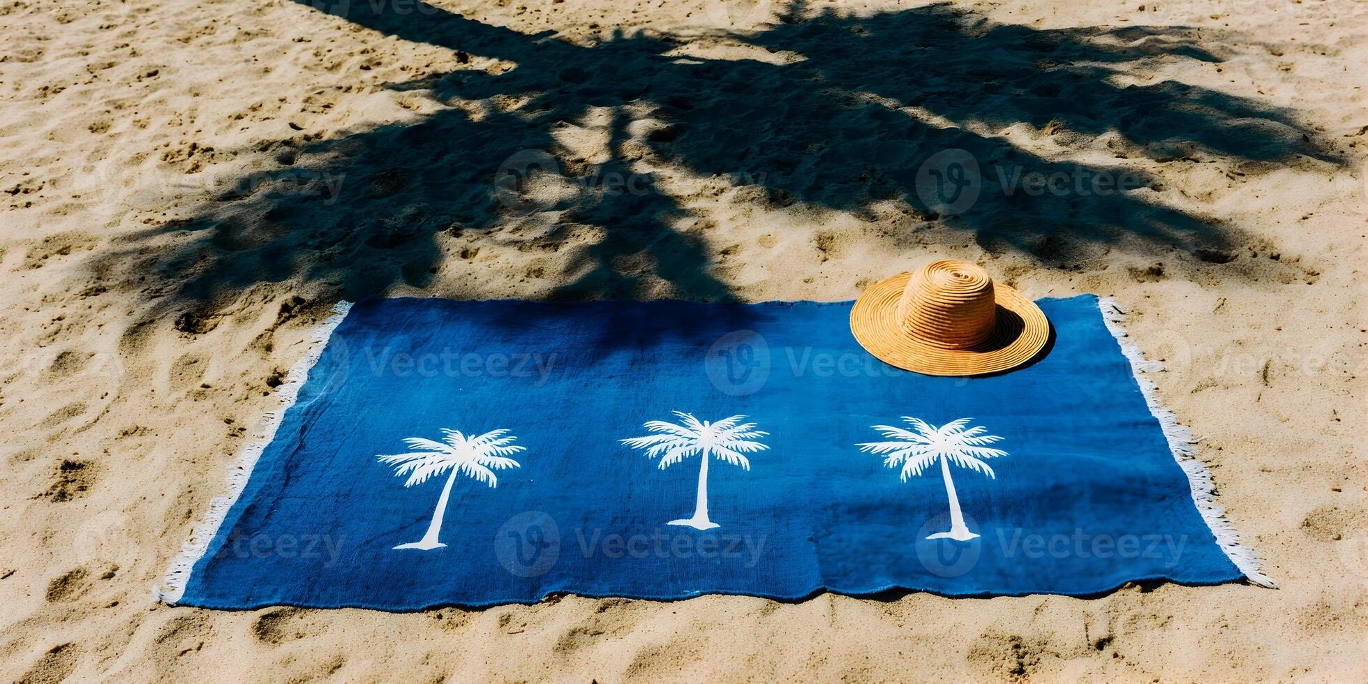 Beach Towel with Palm Trees and Straw Hat on Sand photo
