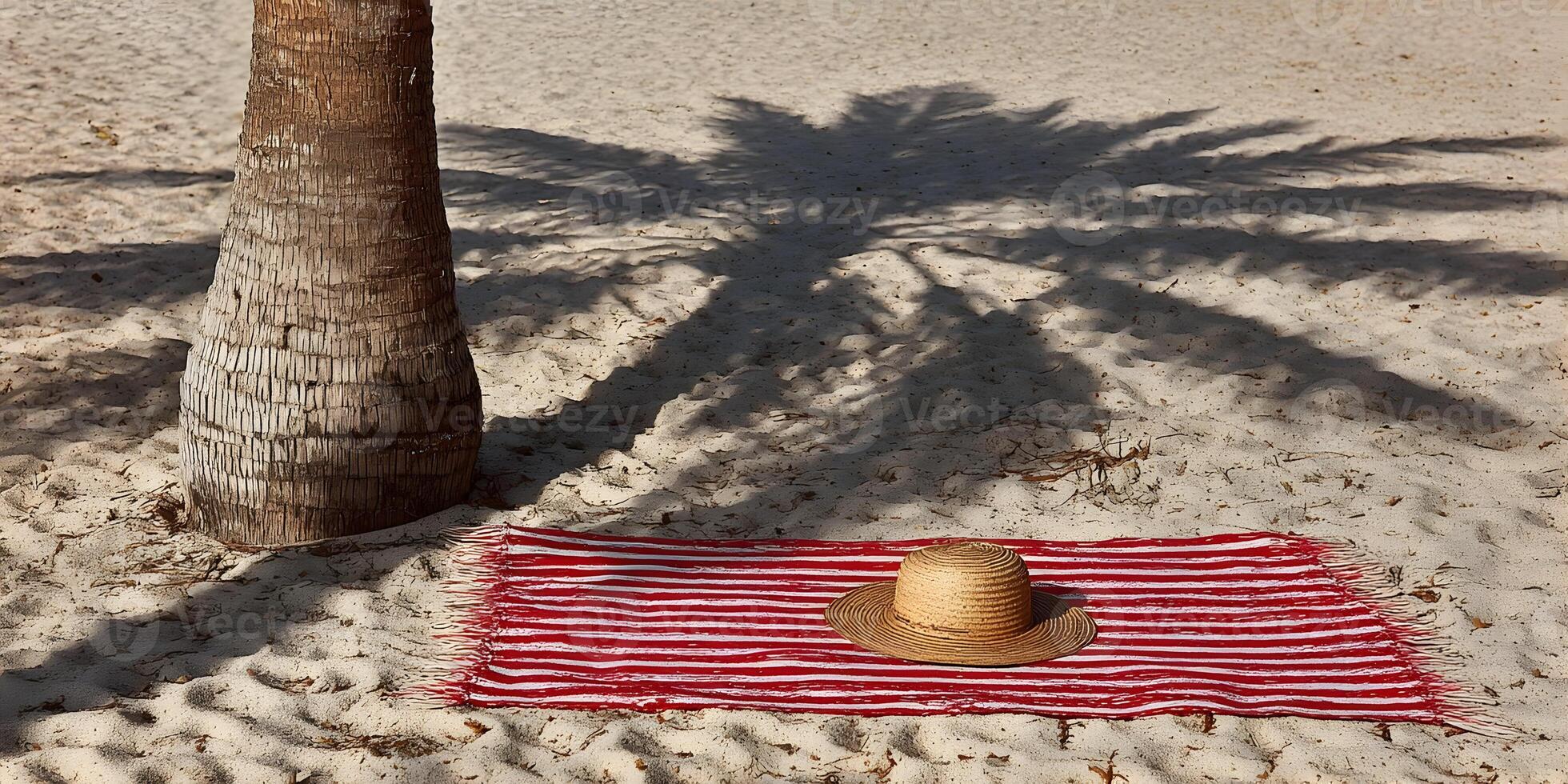 Beach Scene Palm Tree Shadow Red Striped Blanket Straw Hat Summer Vacation photo