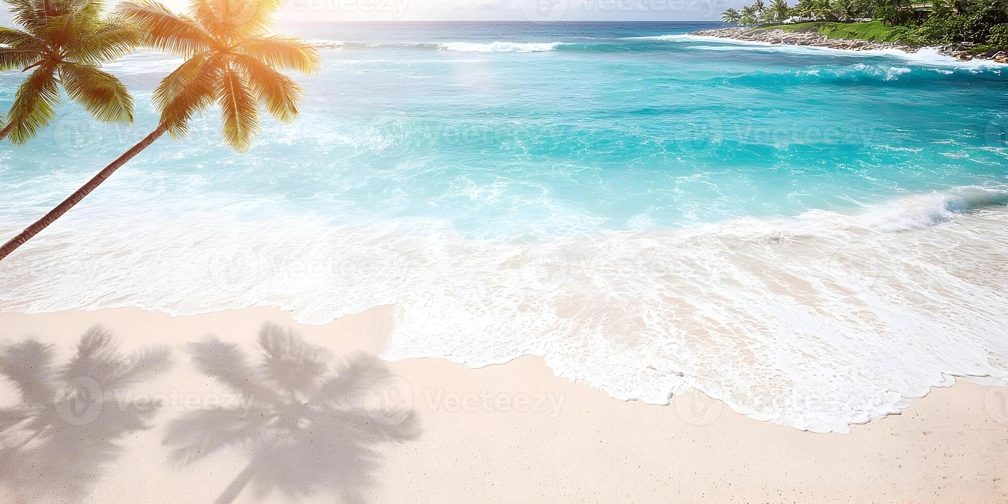 Tropical Beach Scene Palm Trees Ocean Waves White Sand Summer Vacation Paradise Island photo