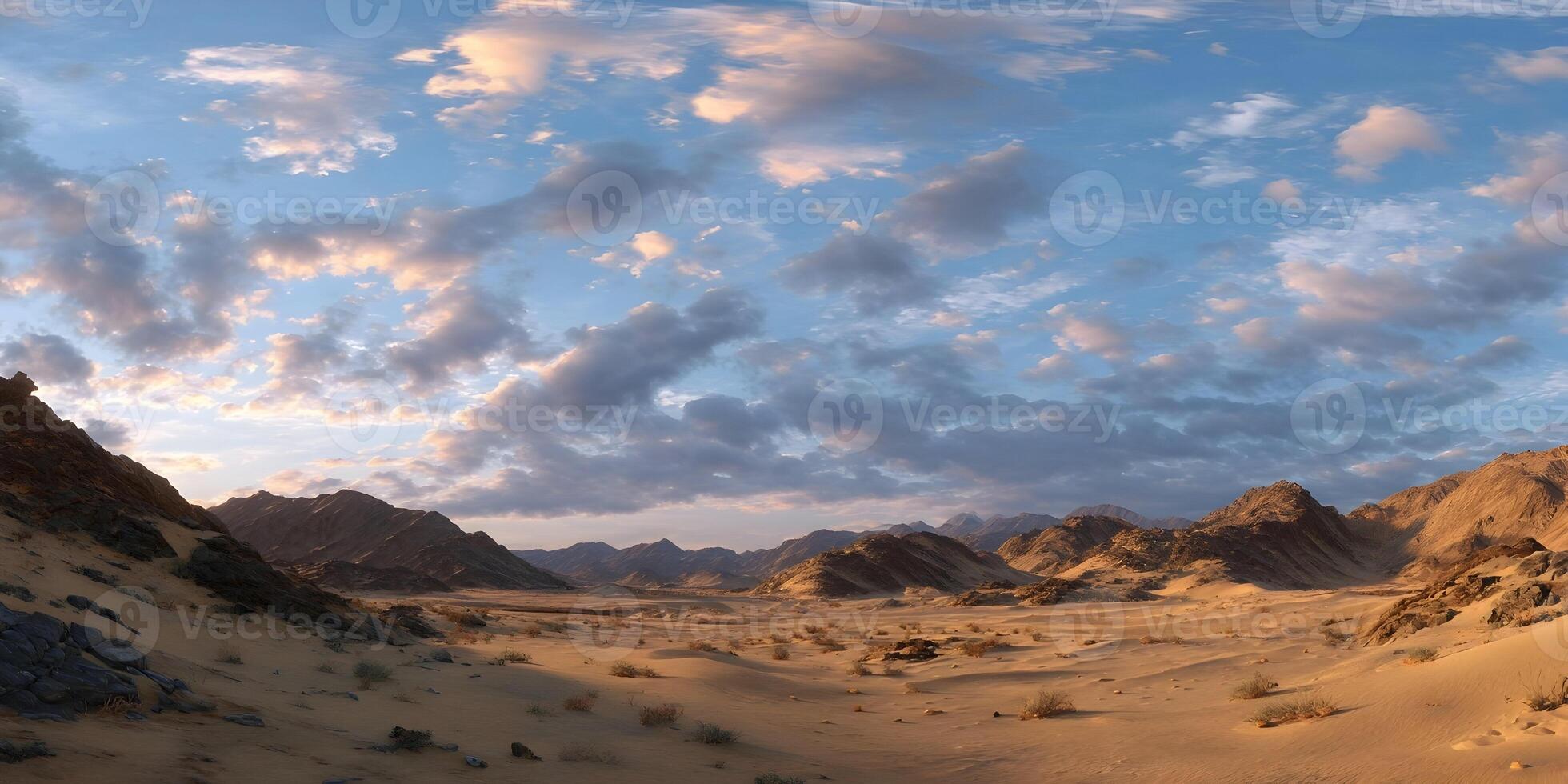 Desert Landscape Panoramic View Mountains Sand Dunes Cloudy Sky Sunrise photo