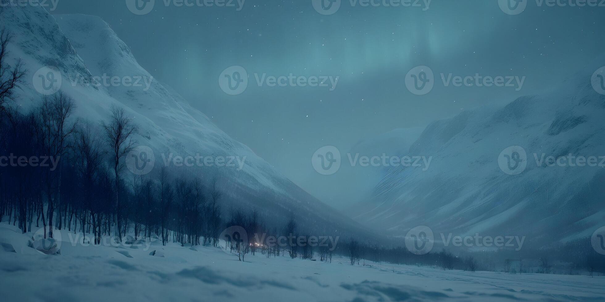 Snowy Mountain Valley Northern Lights Winter Night Scene photo