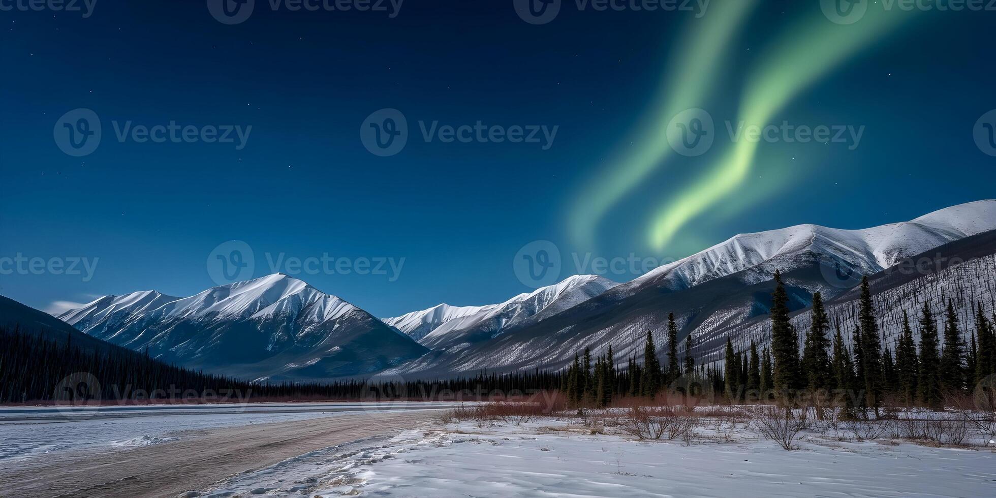 Snowy Mountains Northern Lights Night Landscape photo