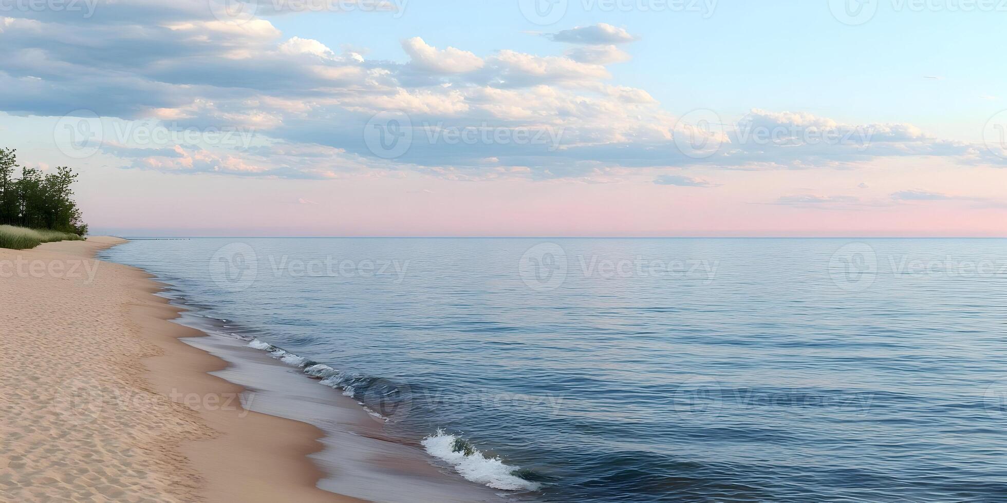 Sandy Beach Calm Ocean Pink Sunset Sky Cloudscape photo