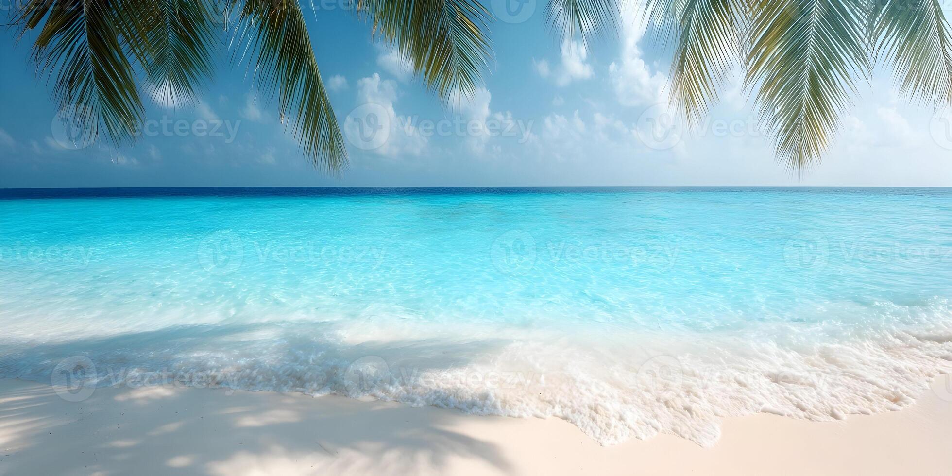 Tropical Beach Scene Turquoise Water White Sand Palm Tree Leaves photo