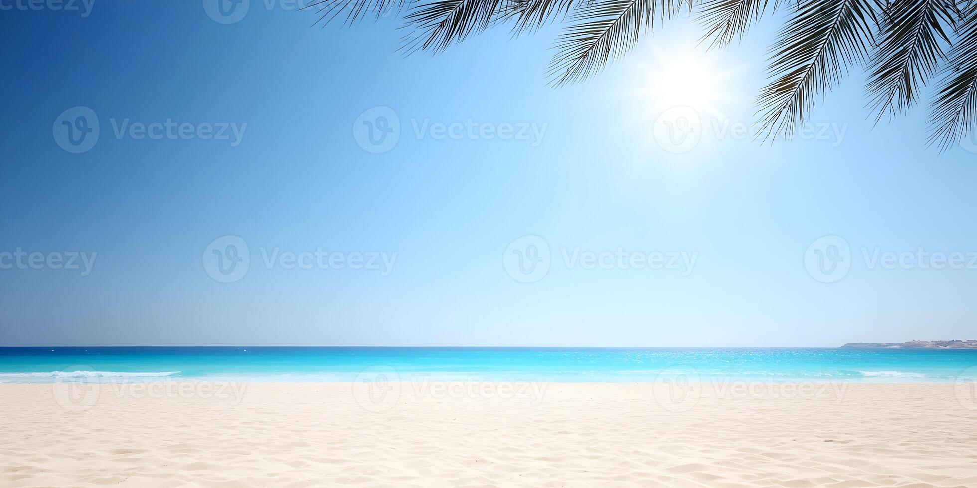 Sunny Beach Scene with Palm Tree Branches and Blue Ocean photo