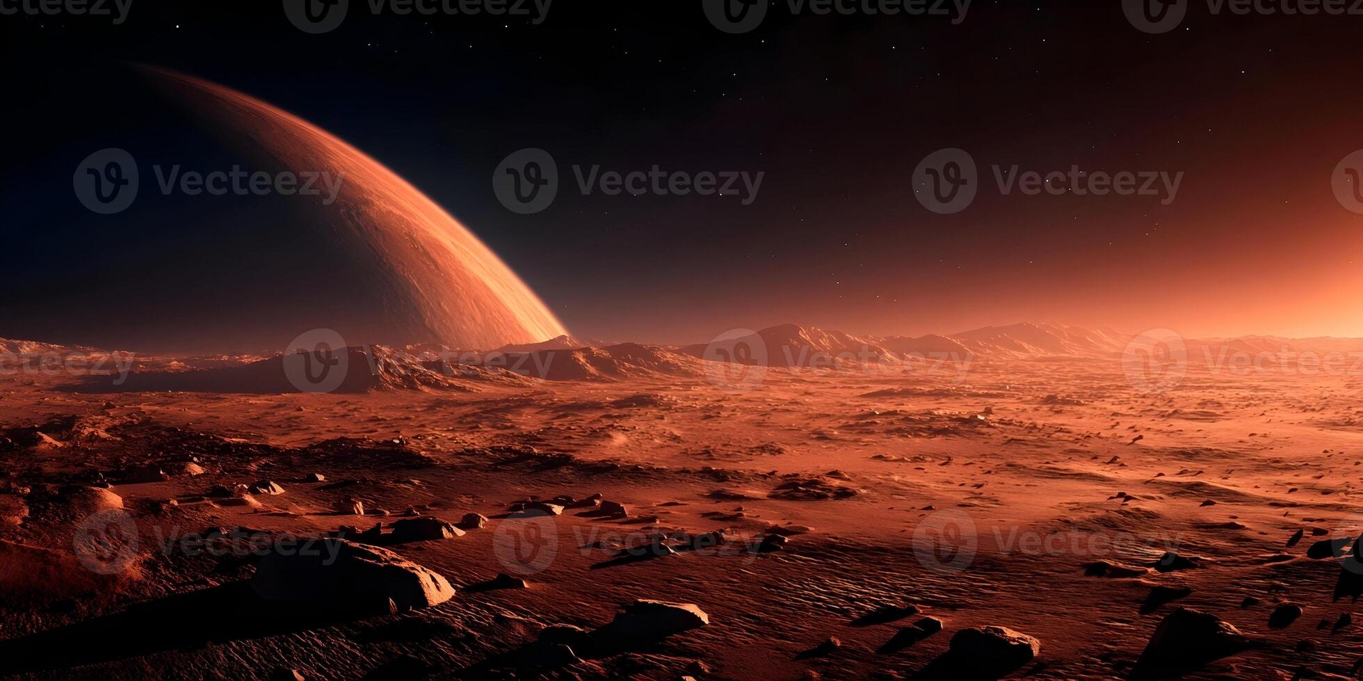 Red Planet Landscape Martian Surface Rocky Terrain Sunrise Scenery photo