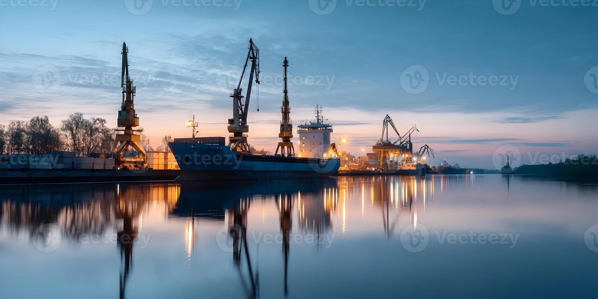 Cargo Ship at Dusk Tranquil River Industrial Port Cranes Twilight photo
