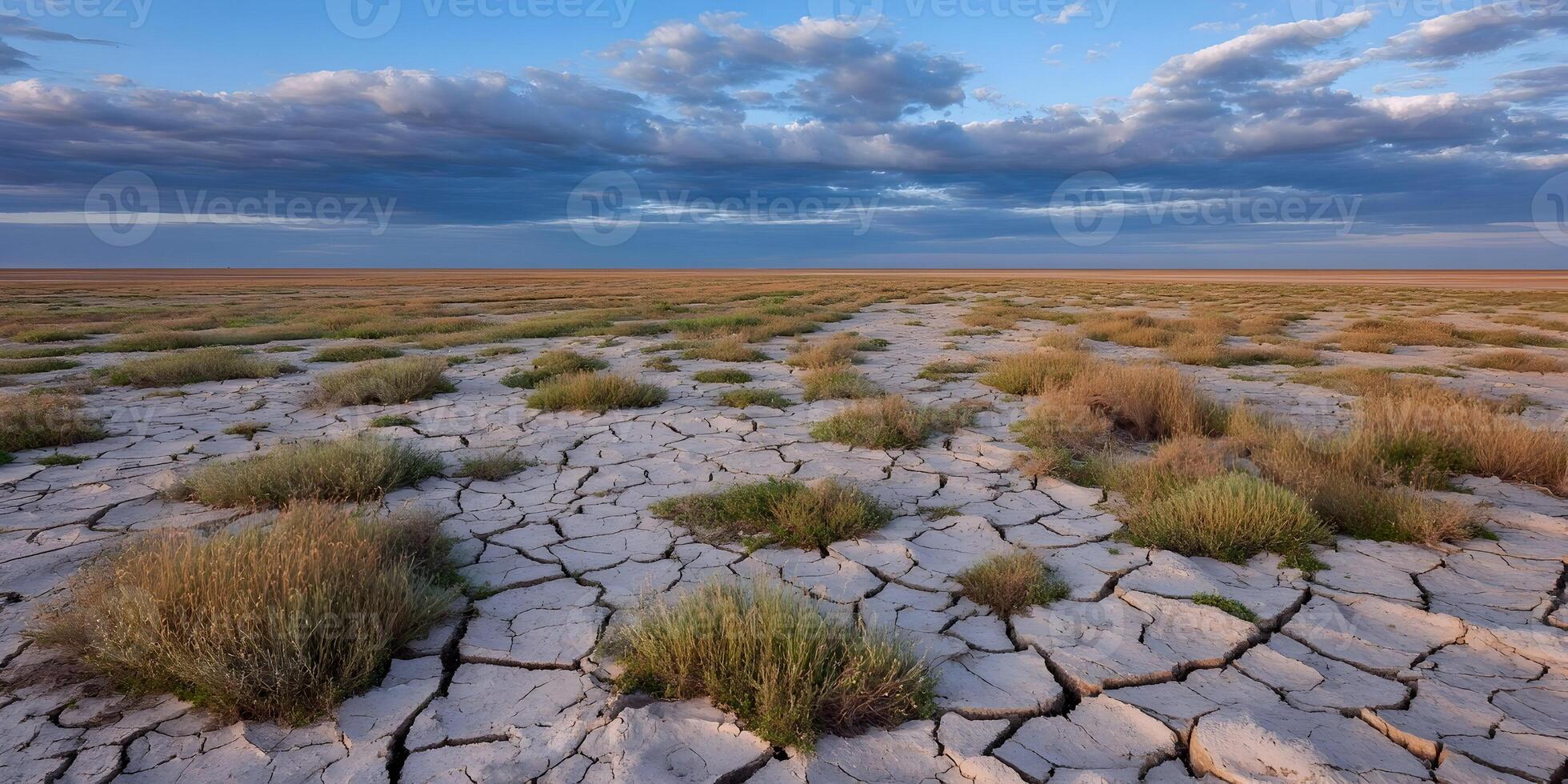Dry Cracked Earth Surface with Sparse Vegetation under Cloudy Sky photo