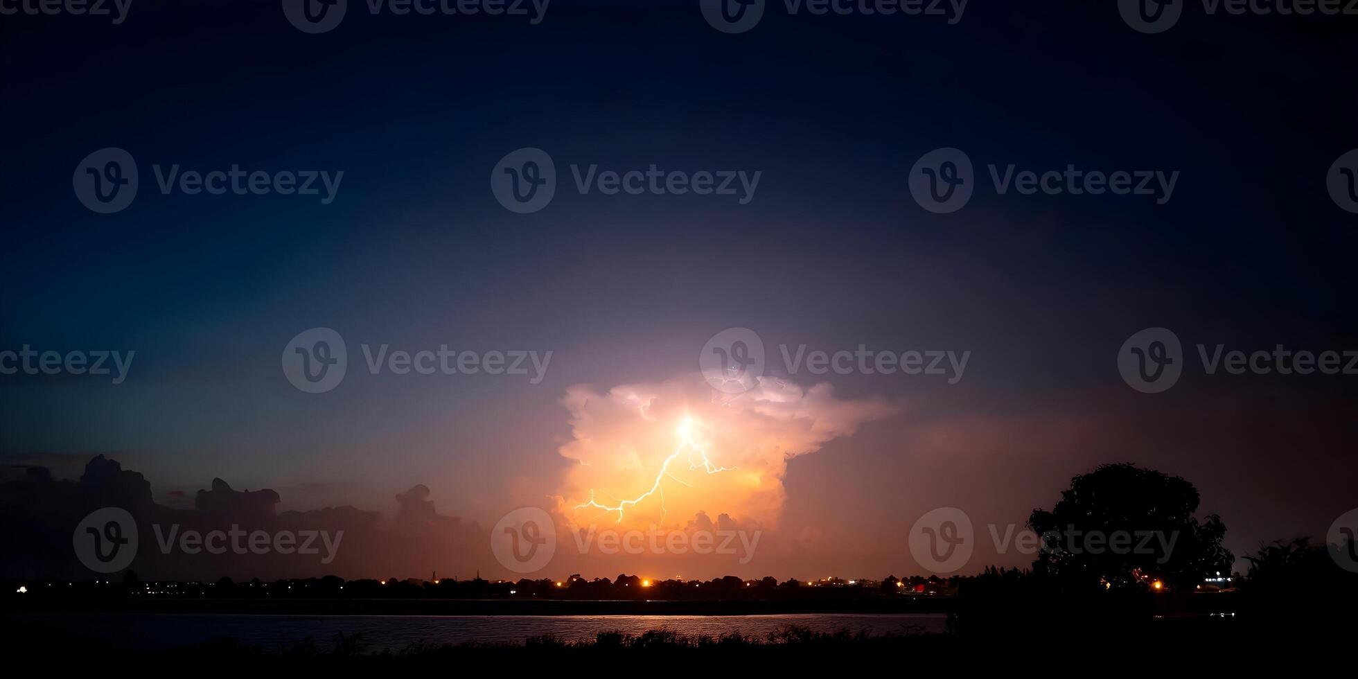 Night Lightning Storm over City Skyline Dramatic Thunderclouds Illuminated Orange photo