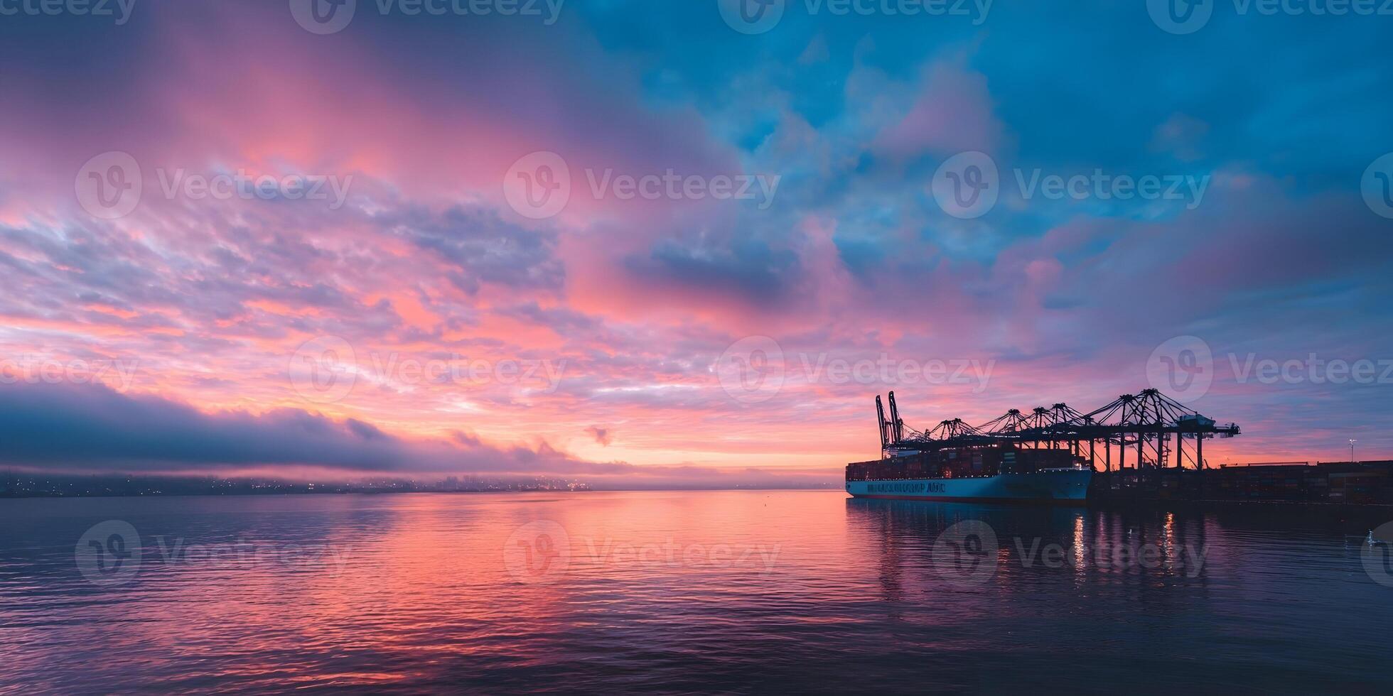 Pink Sky Sunrise Cargo Ship at Port Container Crane photo