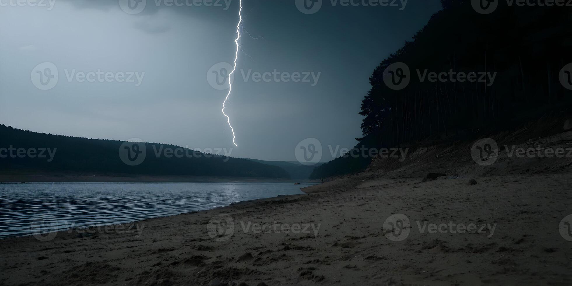 Lightning Strike over Lake and Forest Dramatic Nature Scene photo