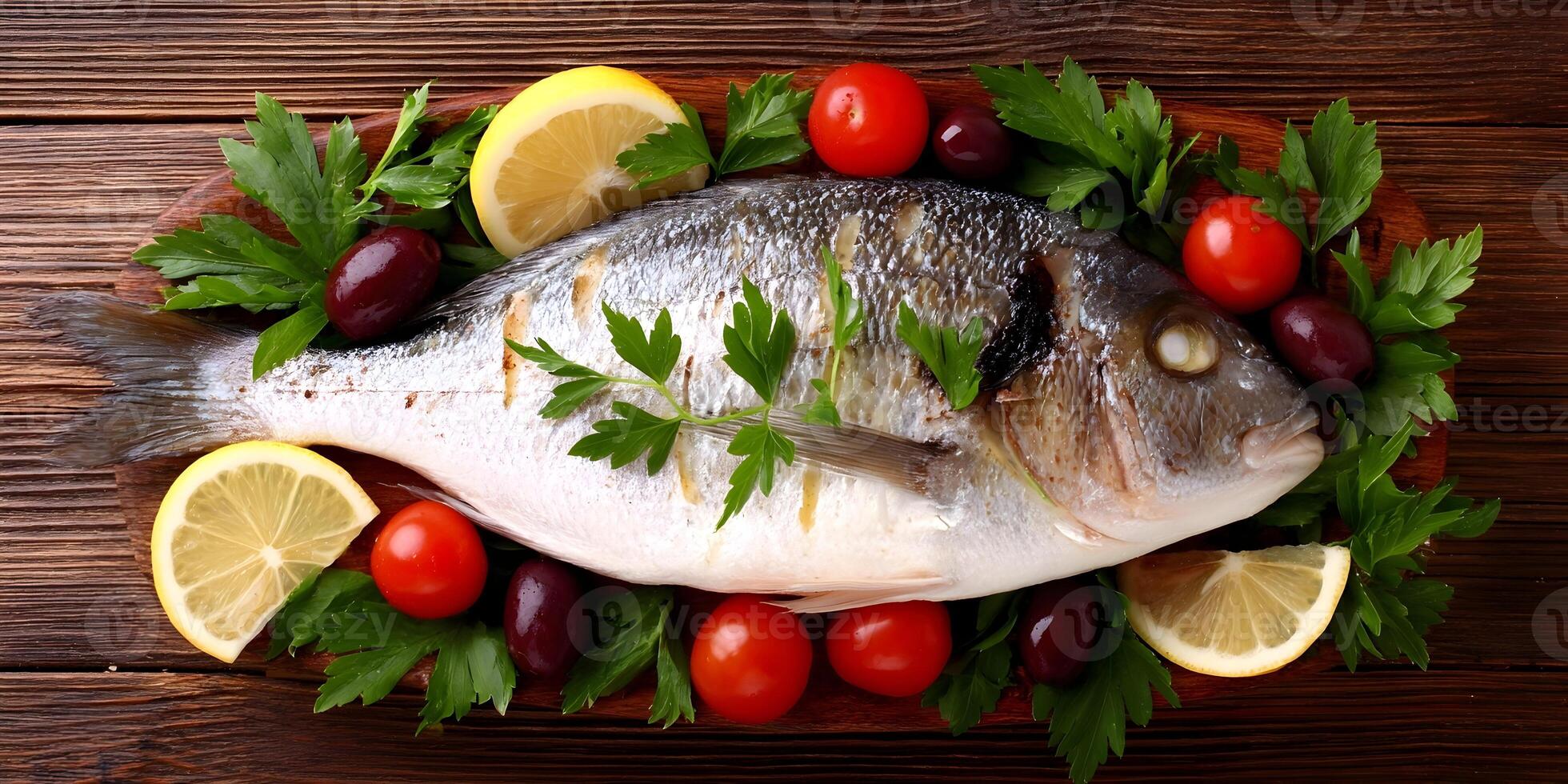 Grilled Dorado Fish Lemon Slices Olives Parsley Wooden Board Top View photo