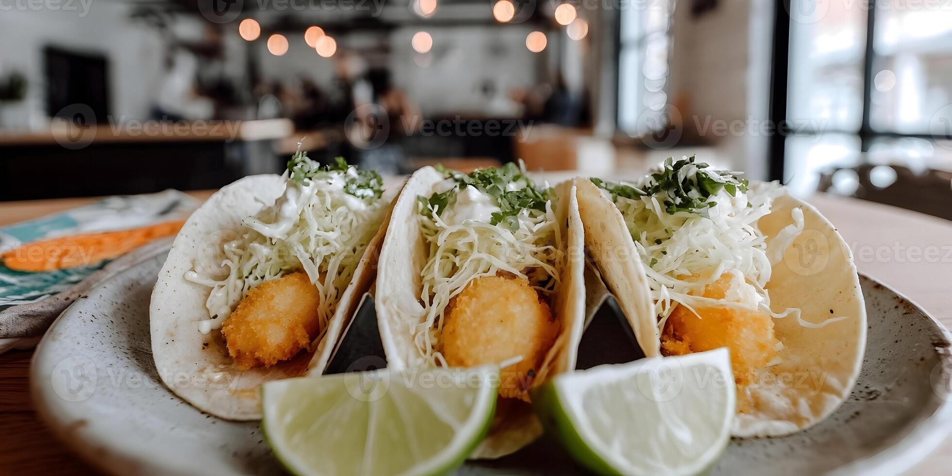 Three Fish Tacos Restaurant Food Lime Garnish Closeup photo