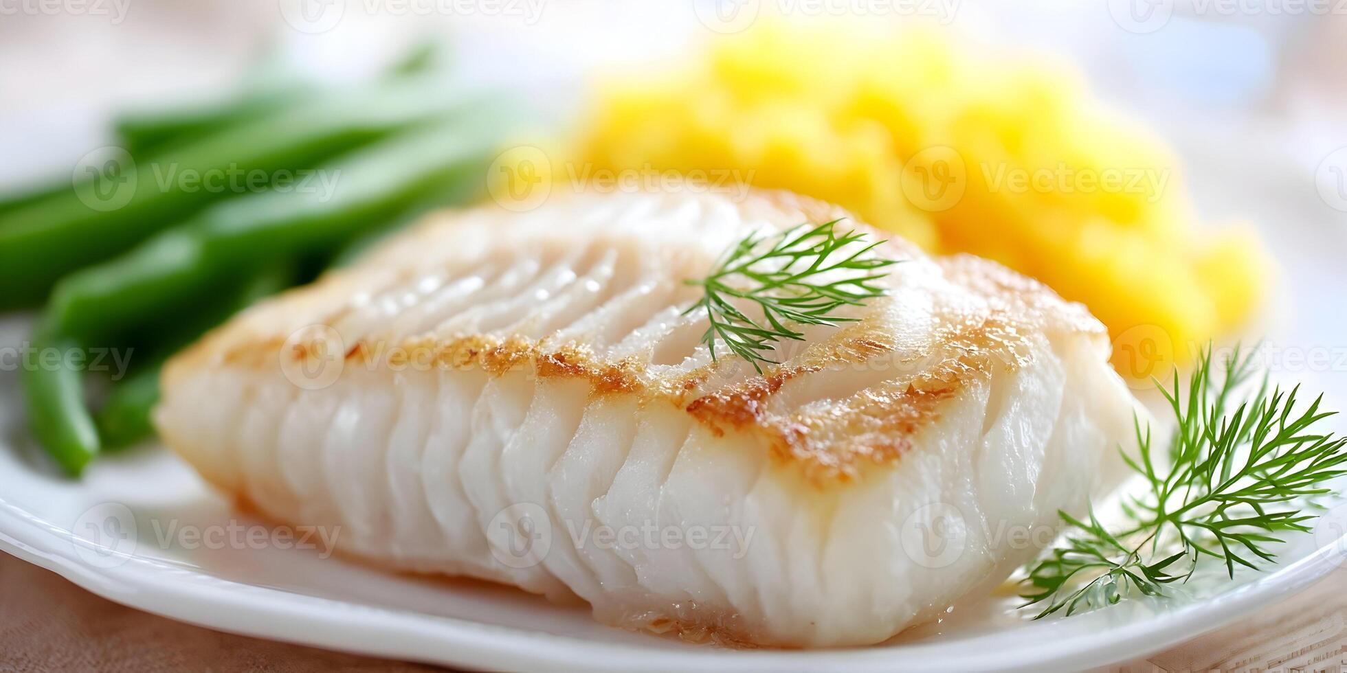 PanFried Cod Fillet with Mashed Potatoes and Green Beans photo