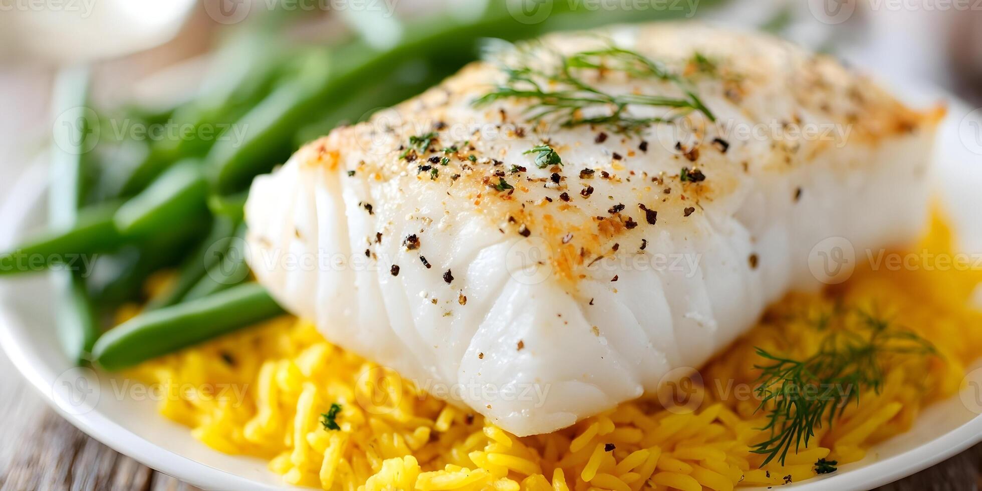 Pan Seared Cod Fillet Saffron Rice Green Beans Dinner Dish photo