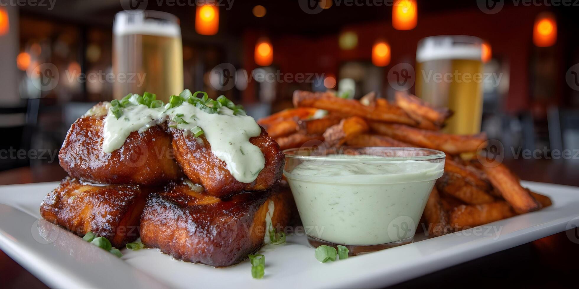Crispy Fried Tofu Bites Sweet Potato Fries Creamy Green Sauce Garnish photo