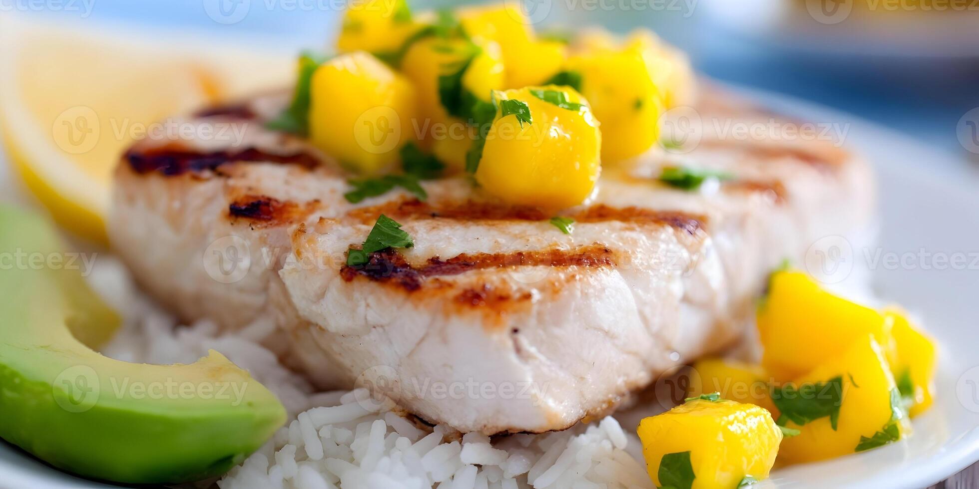 Grilled Fish Rice Avocado Mango Salsa Dish Food photo