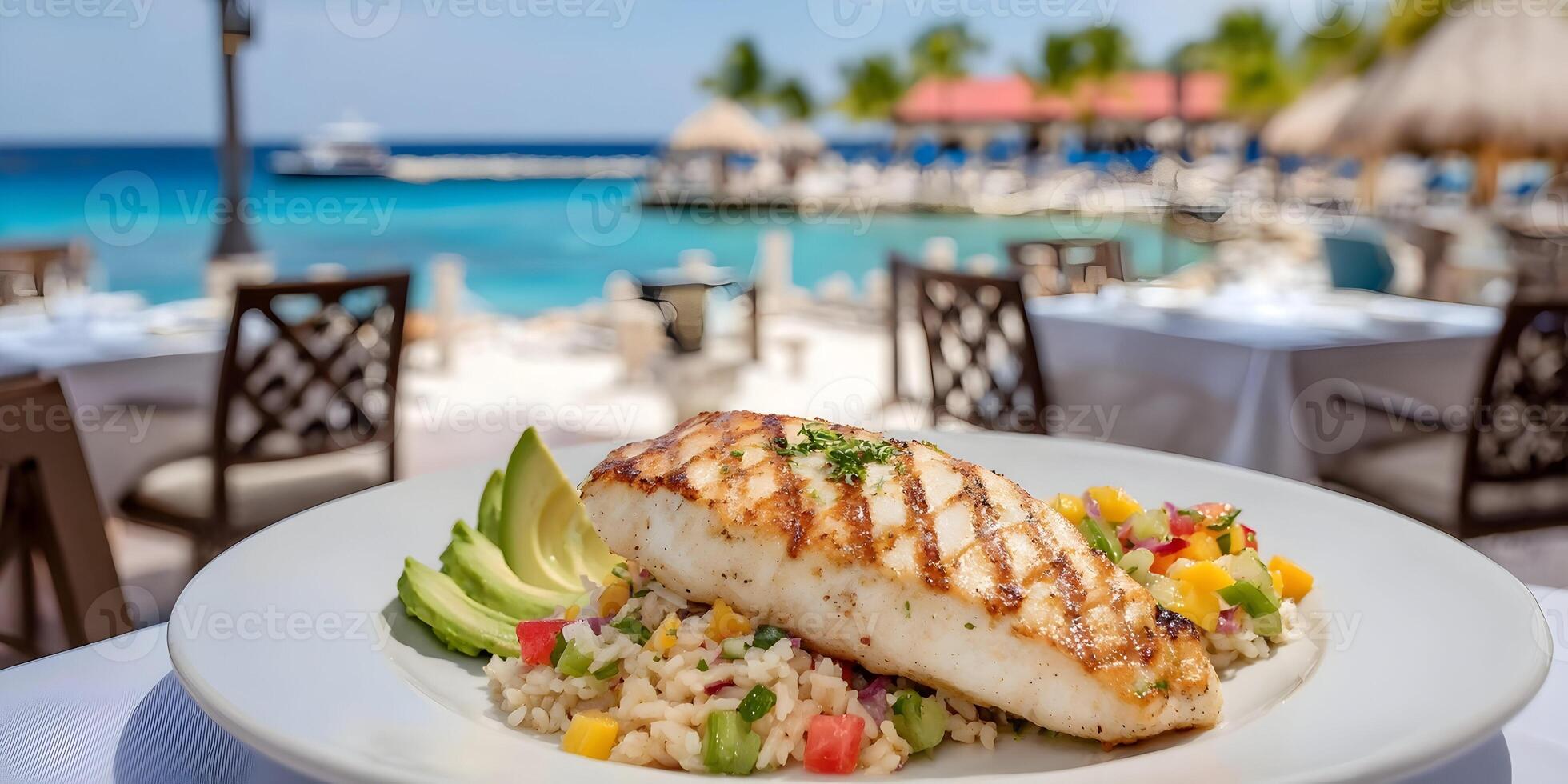 Grilled Fish Rice Avocado Tropical Fruit Salad Beach Restaurant Meal photo