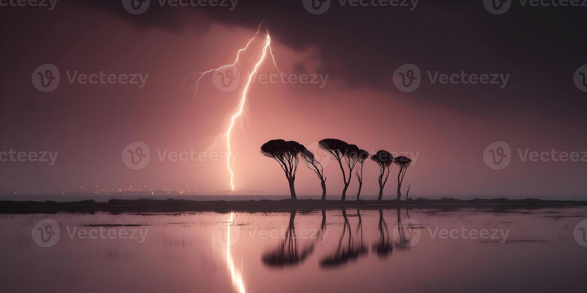 Lightning Strike over Calm Water and Silhouetted Trees Pink Sky Night Scene photo