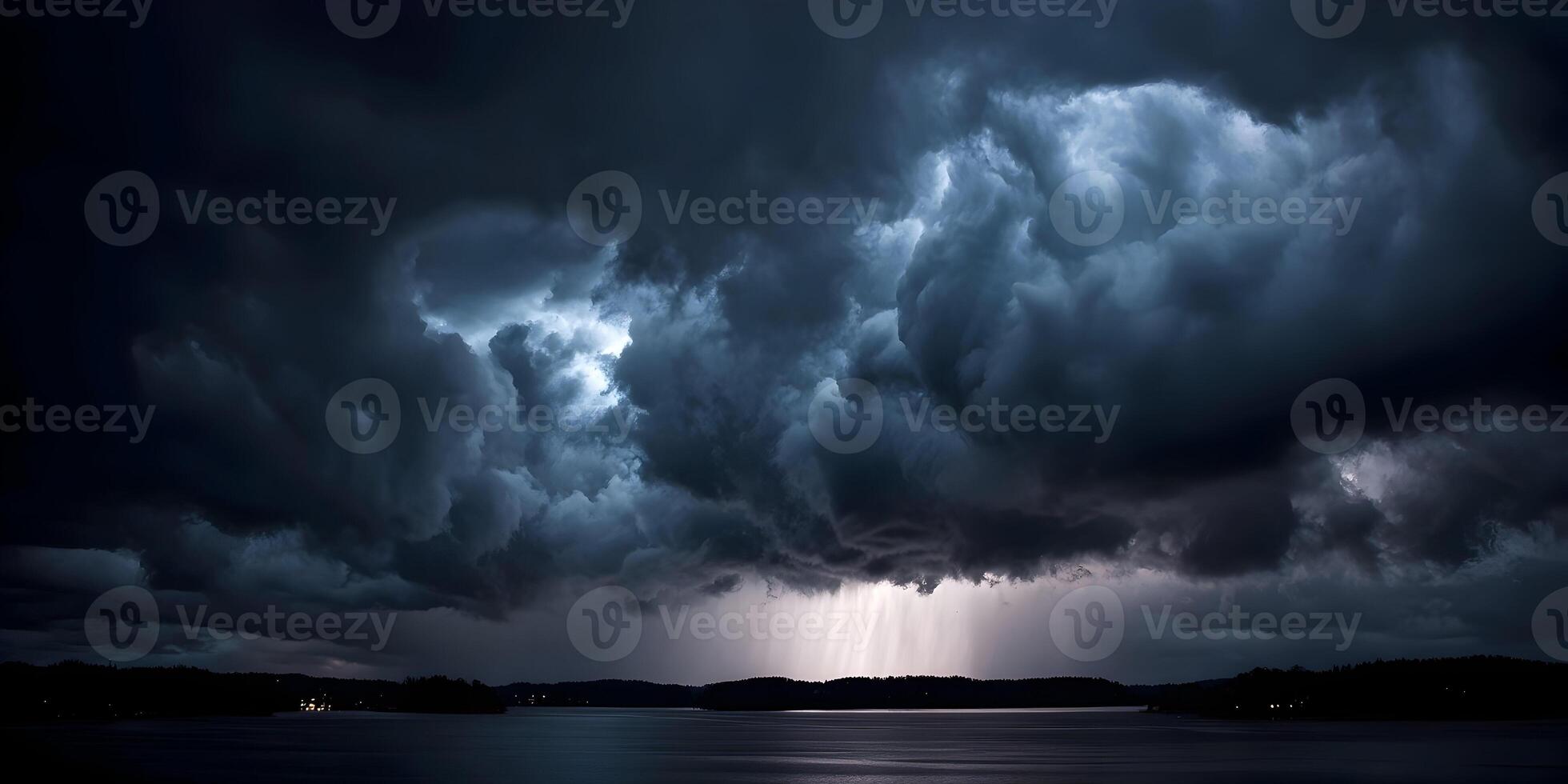 Dark Storm Clouds over Lake at Night Lightning Dramatic Sky photo