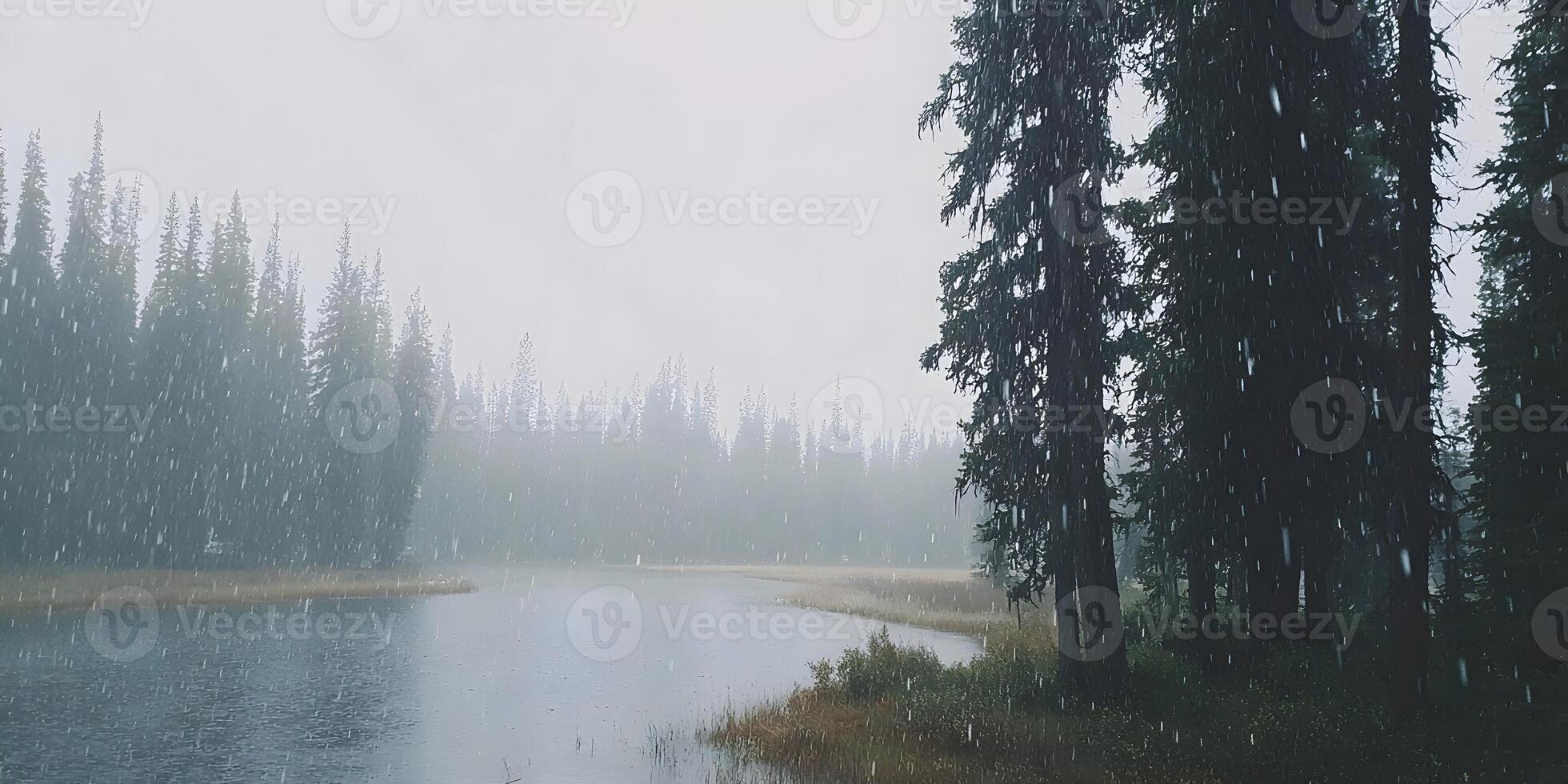 Rainy Landscape Dark Evergreen Forest Lake Snowing photo