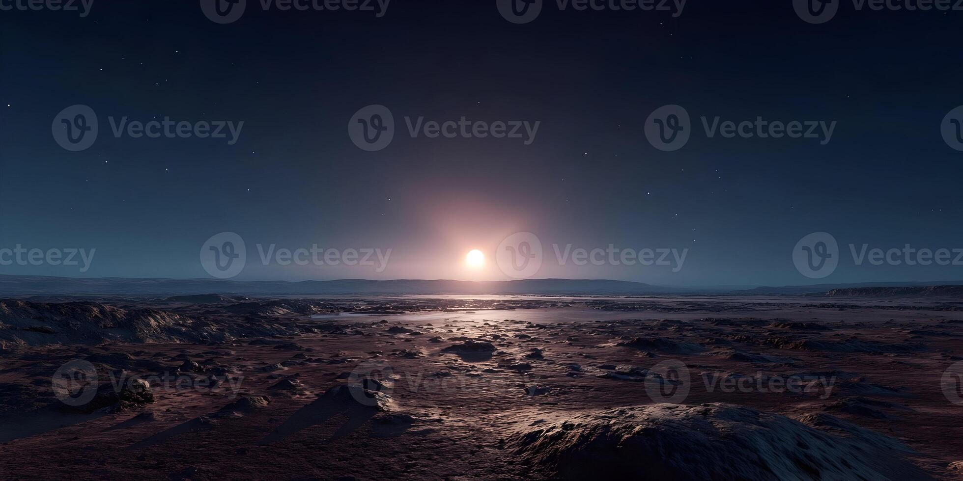 Alien Planet Sunset Landscape Rocky Surface Starry Night Sky photo