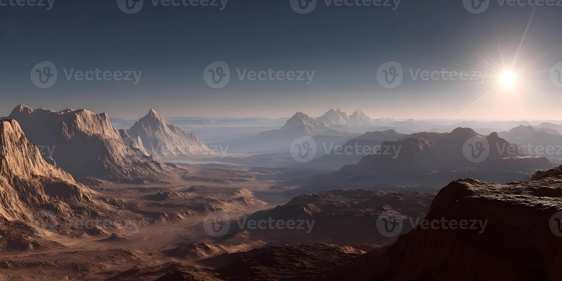 Sun Setting over Martian Landscape Red Planet Mountains Valley Scenery photo