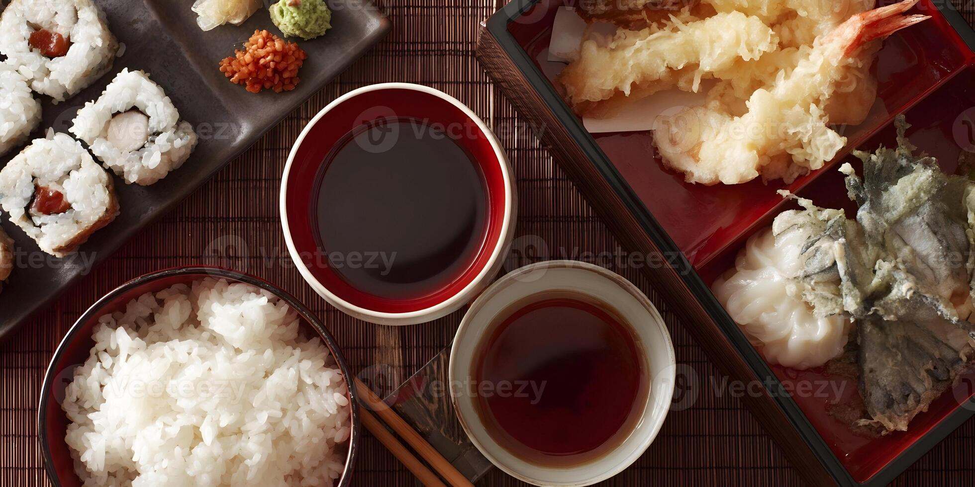 Japanese Cuisine Bento Box Sushi Rice Tempura Seafood Meal photo