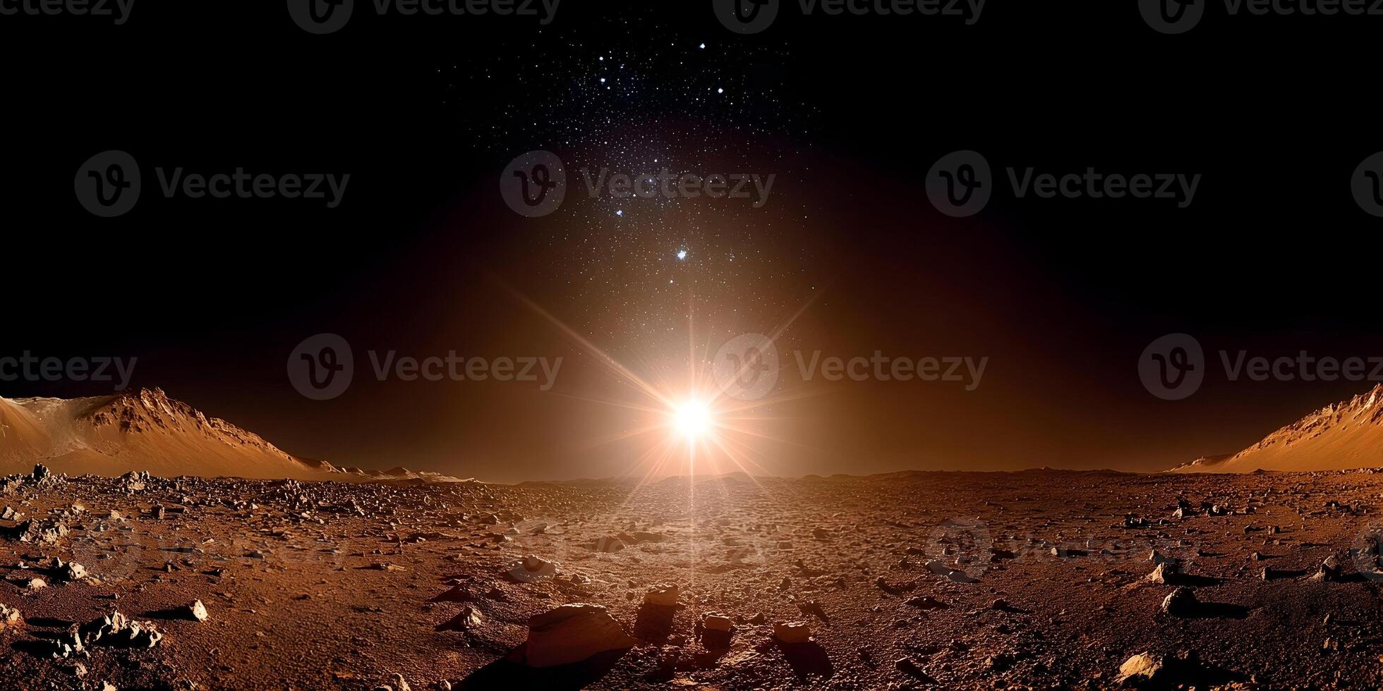 Mars Sunrise Landscape Red Planet Rocky Surface Starry Sky photo