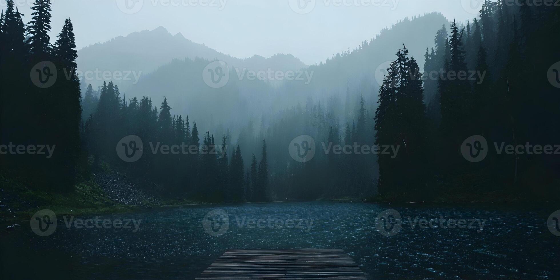 Misty Mountain Lake with Wooden Dock Dark Moody Nature Scene photo