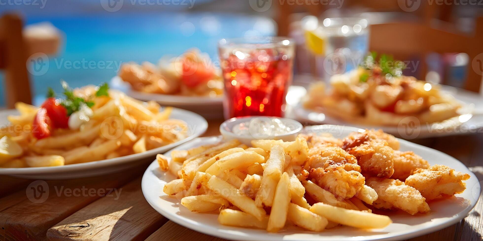 Crispy Fried Fish and Chips with Tomato Garnish Outdoor Restaurant Meal photo
