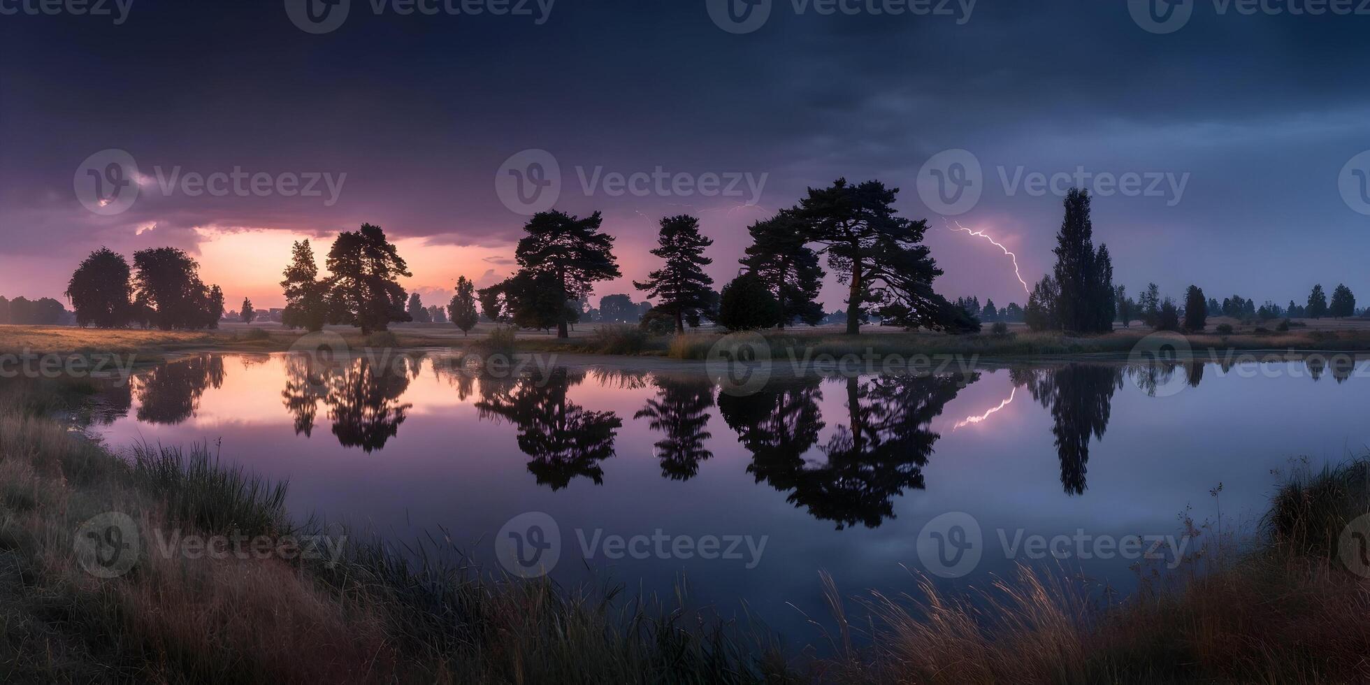 Sunset Storm Landscape Trees Reflection Lake Lightning Sky photo