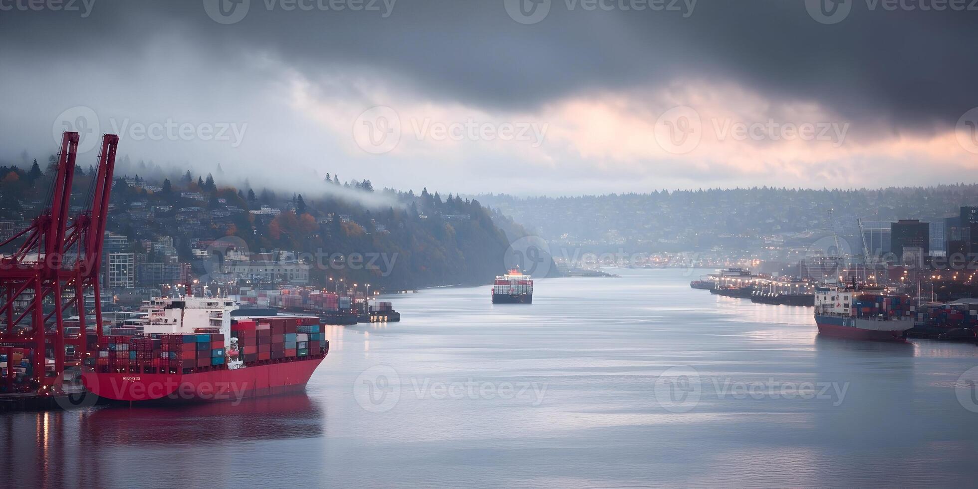 Cargo Ships at Dusk Cityscape Container Port Shipping photo