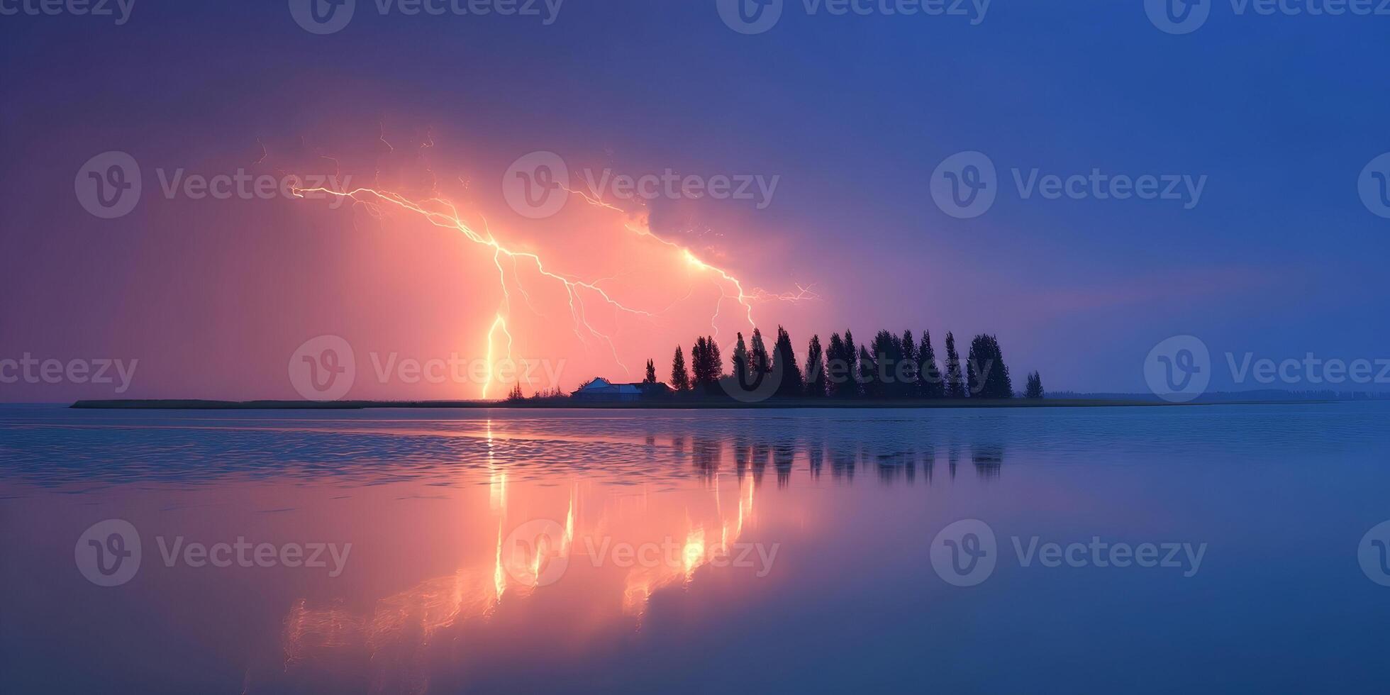 Lake Landscape with Lightning Strike at Dusk Pink Sky Trees House Reflection photo