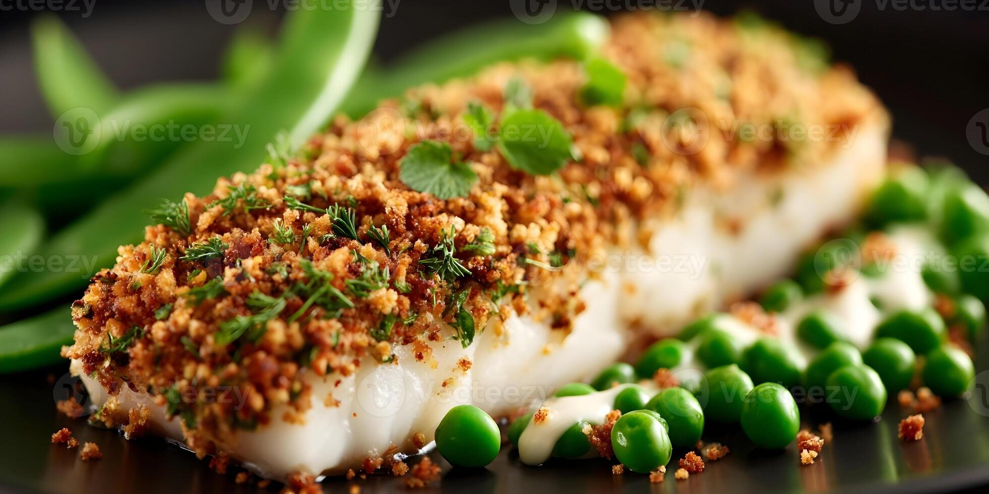 Delicious Crispy Breadcrumb Crusted Fish Fillet with Peas and Sauce photo