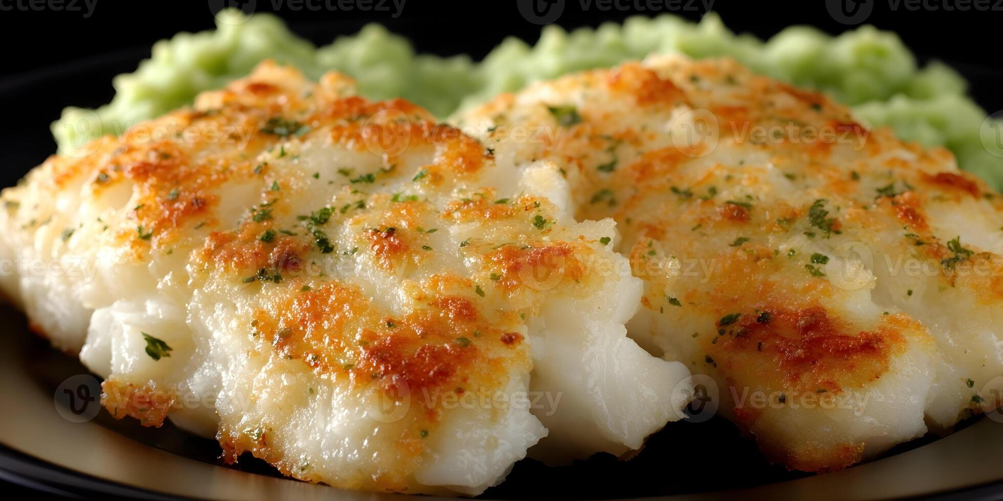 Crispy Oven Baked Cod Fish with Creamy Green Pea Puree photo