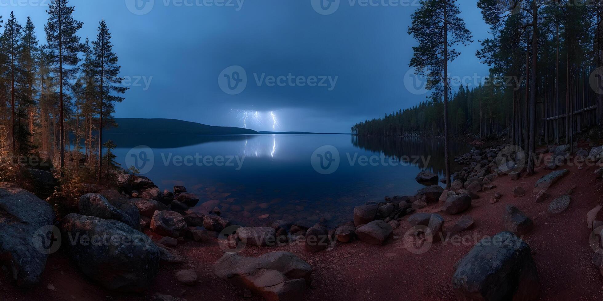 Lightning Strike Over Calm Lake and Pine Forest at Dusk photo