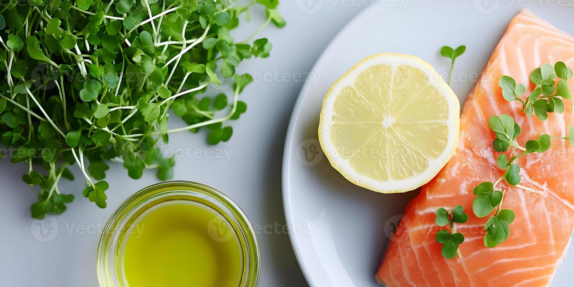 Salmon Fillet Lemon Slice Microgreens Olive Oil Healthy Food Dish photo
