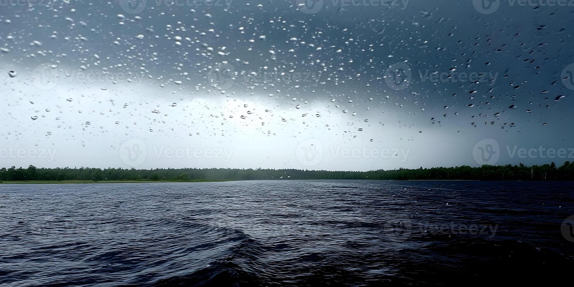 Rainy Lake Landscape with Raindrops on Window Dark Sky photo