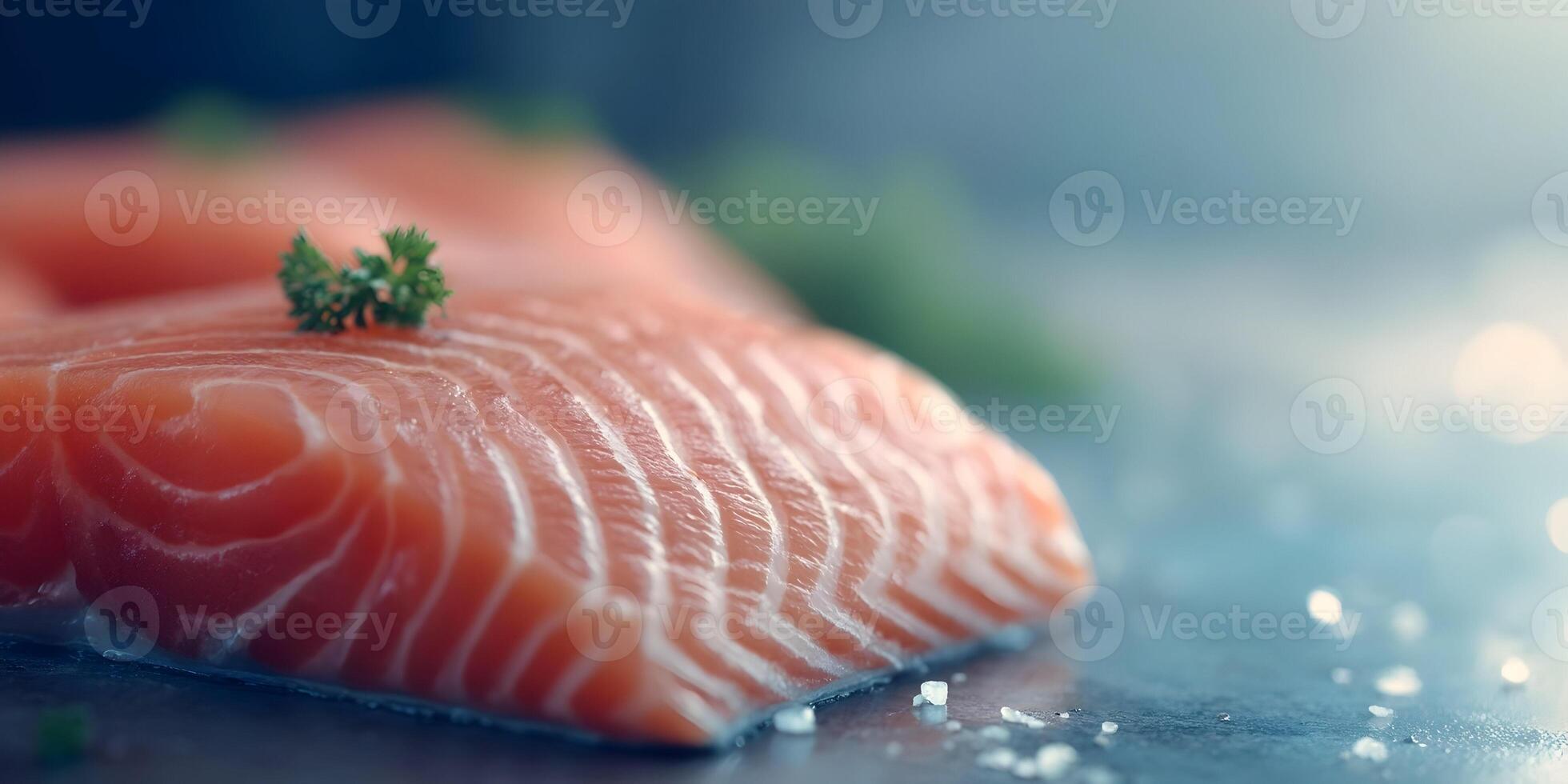 Fresh Salmon Fillet Closeup with Parsley Garnish and Salt Crystals on Dark Background photo