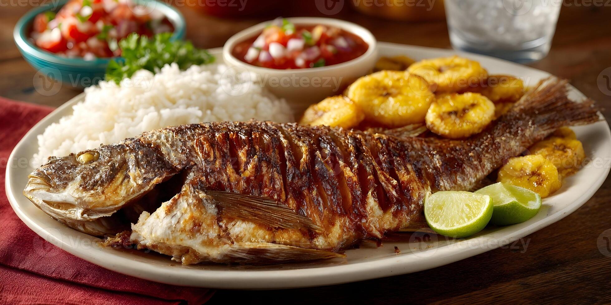Grilled Fish Rice Plantains Salsa Dinner Plate Food photo