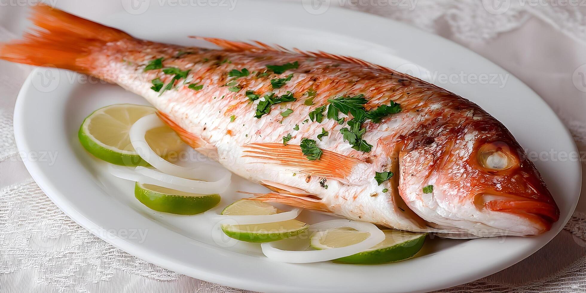 Baked Red Mullet Fish Dish with Lime and Onion Garnish photo