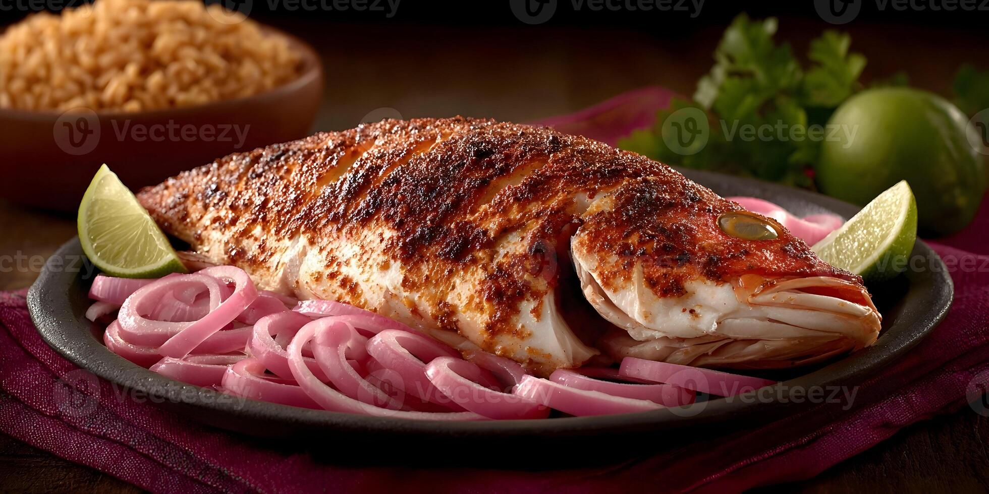 Roasted Red Snapper with Red Onions and Lime Slices photo
