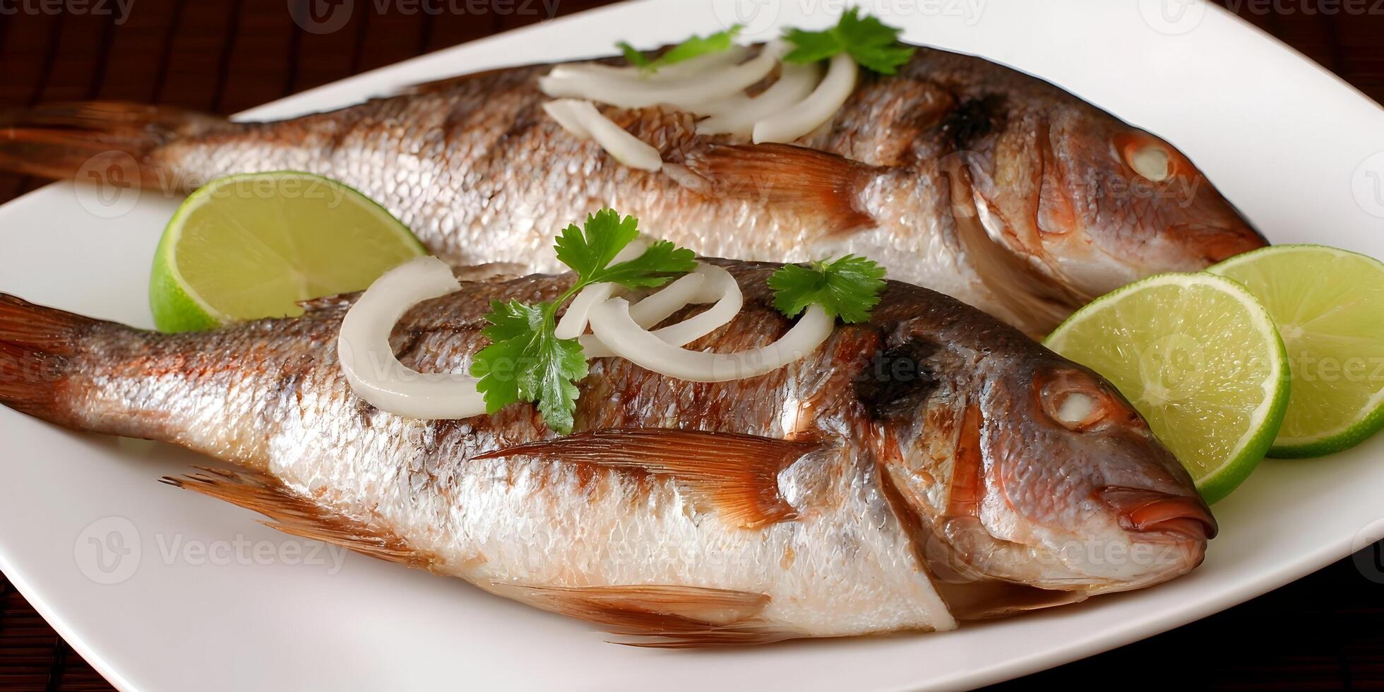 Two Grilled Dorado Fish with Lime and Onion Garnish photo